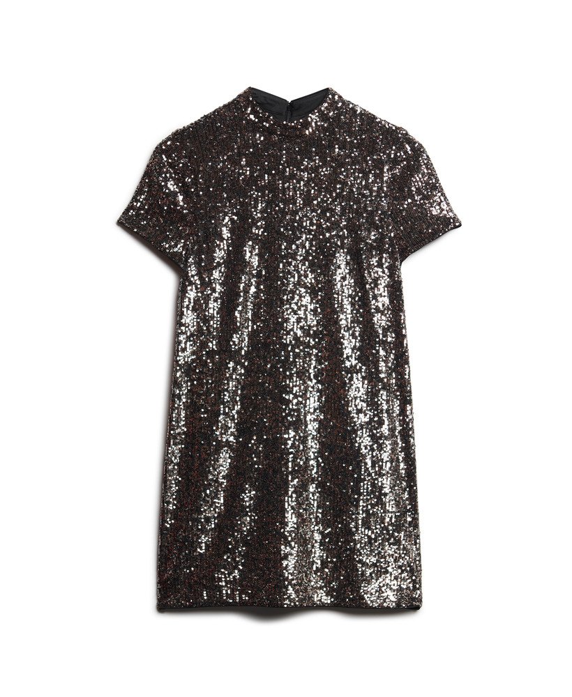 vestido camiseta de gola alta com lantejoulas em tons de pratabronze.