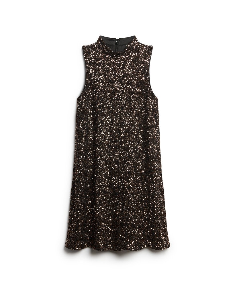 vestido curto evasê sem mangas com lantejoulas em bronze e mega lantejoulas