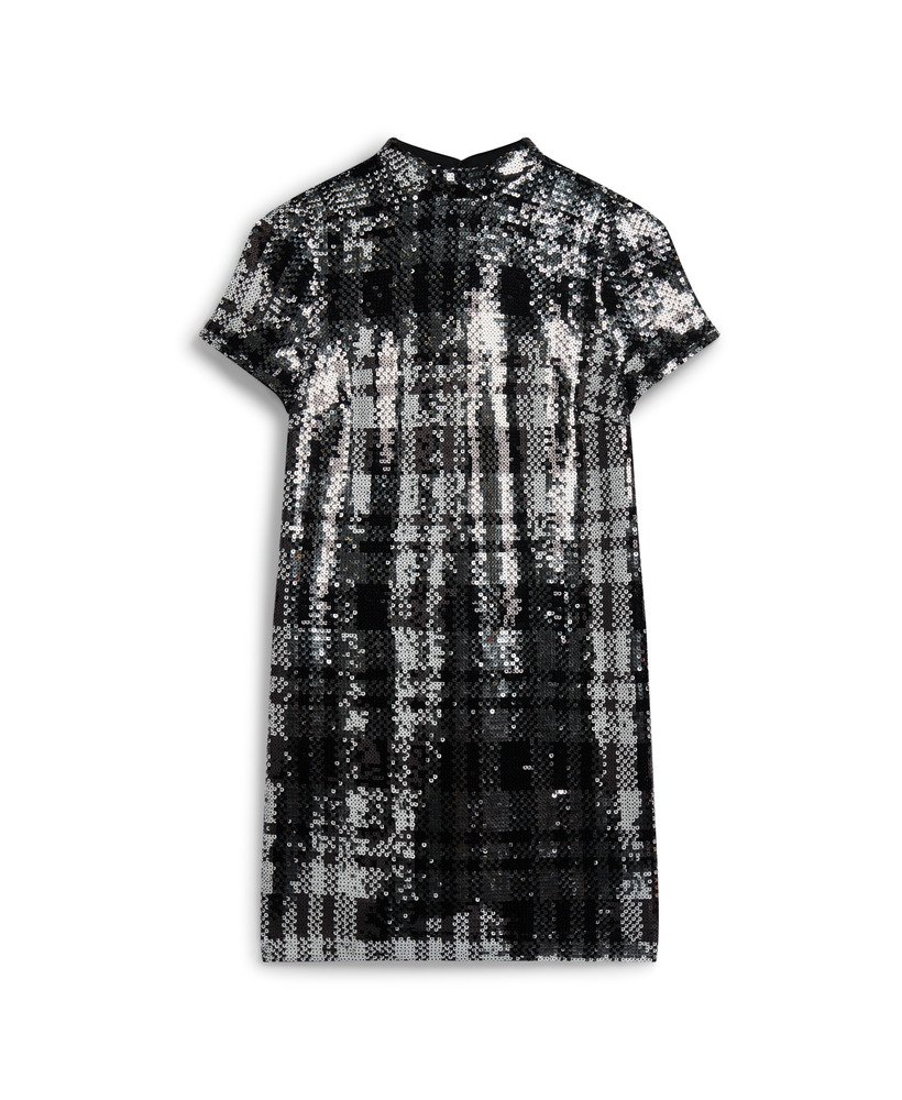 vestido camiseta de gola alta com lantejoulas em estampa xadrez.