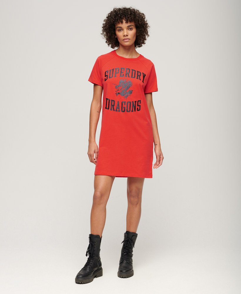 vestido camiseta estampado cny em vermelho pôr do sol