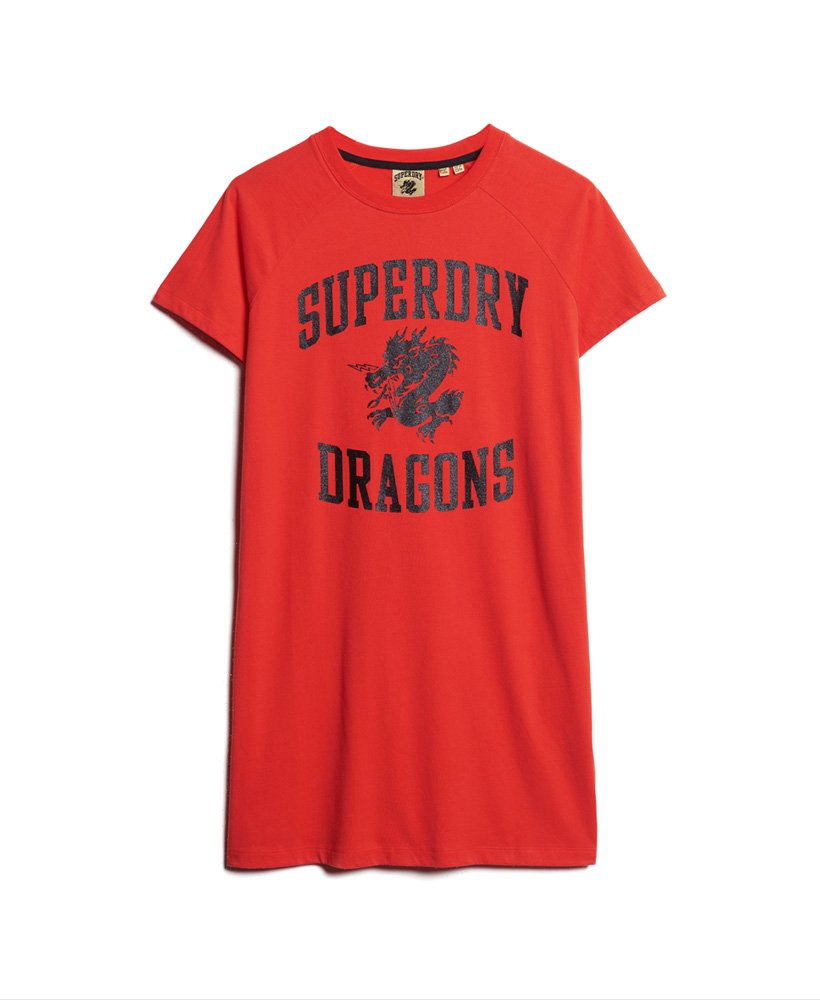 vestido camiseta estampado cny em vermelho pôr do sol