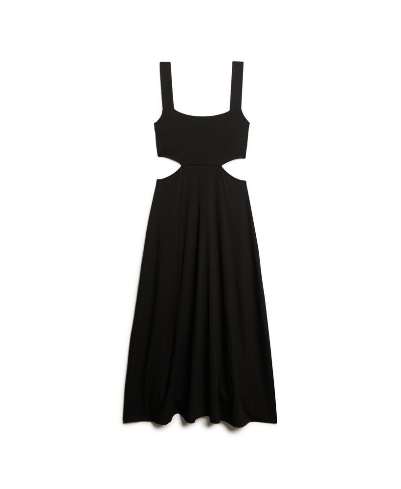 vestido midi de malha com recortes na cor preta.
