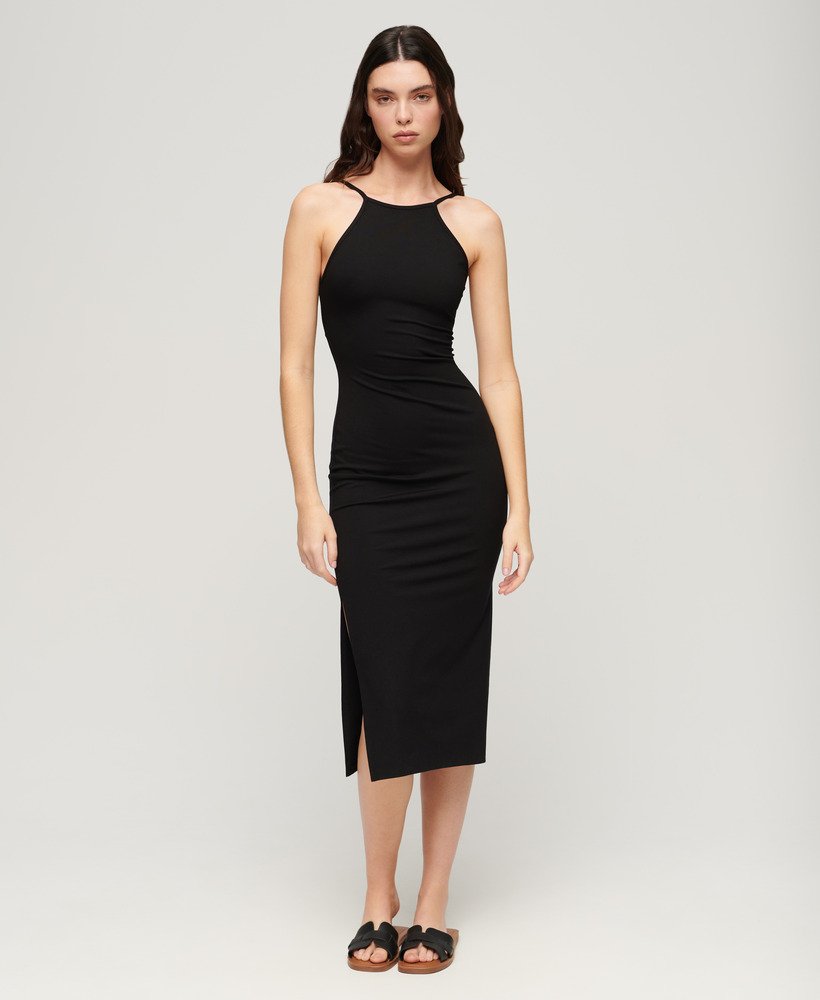 vestido midi de malha com detalhes em renda nas costas na cor preta.