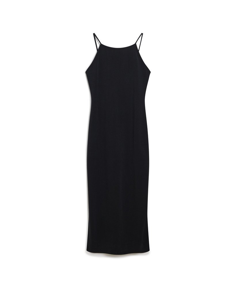vestido midi de malha com detalhes em renda nas costas na cor preta.