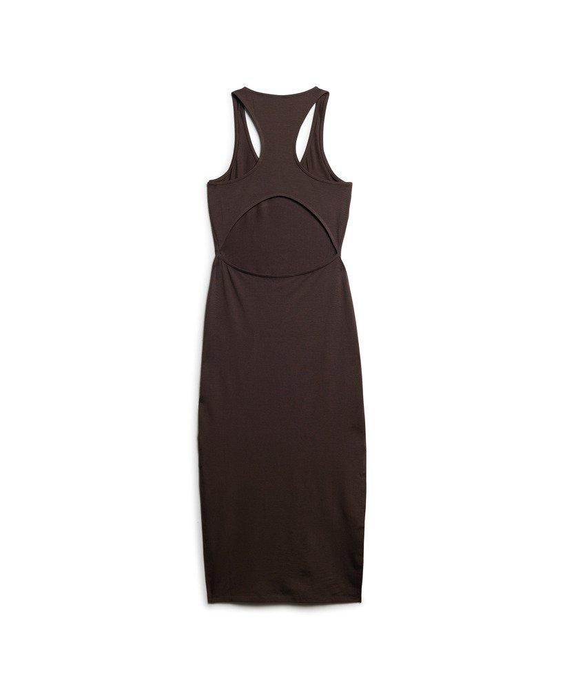 vestido midi de malha com decote redondo na cor marrom carvalho escuro.