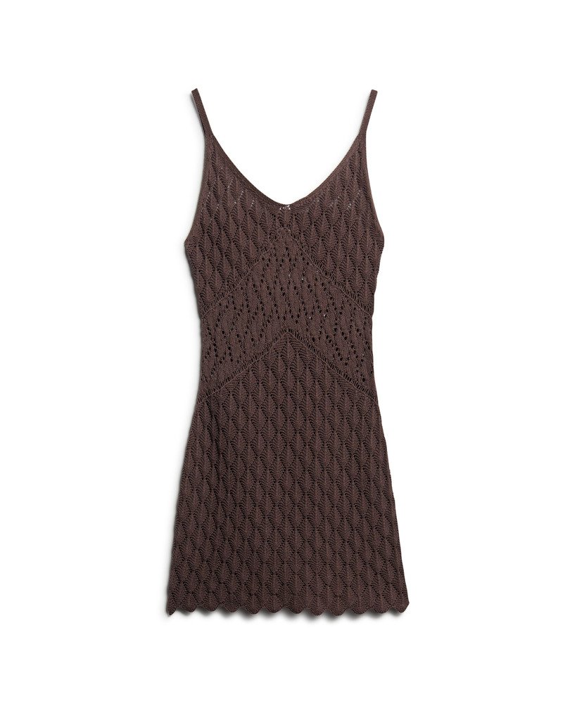vestido curto de crochê estilo camisola na cor marrom carvalho escuro