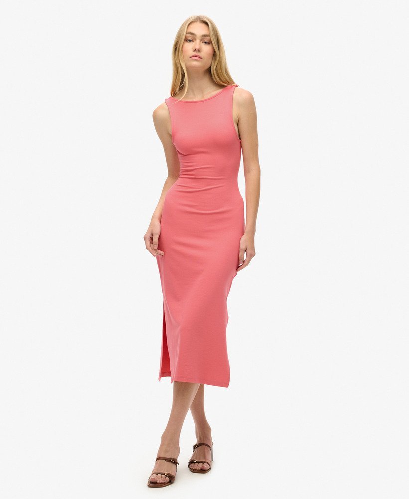 vestido midi em jersey com detalhe torcido nas costas na cor rosa deserto.