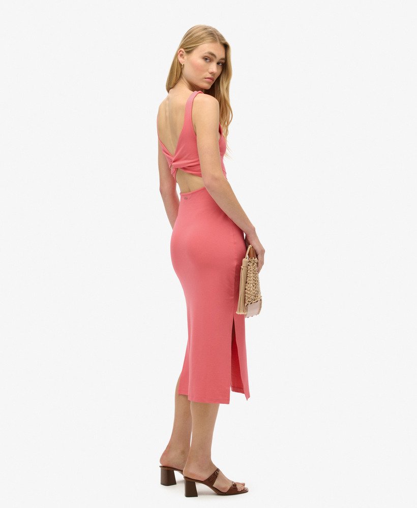 vestido midi em jersey com detalhe torcido nas costas na cor rosa deserto.
