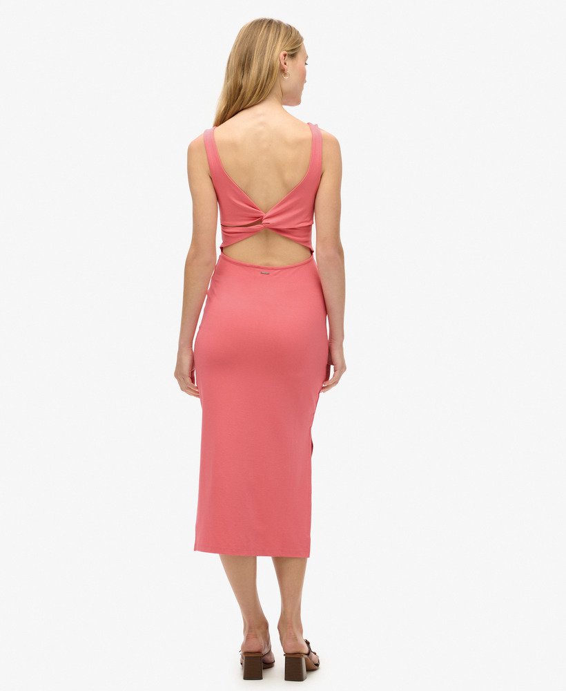 vestido midi em jersey com detalhe torcido nas costas na cor rosa deserto.