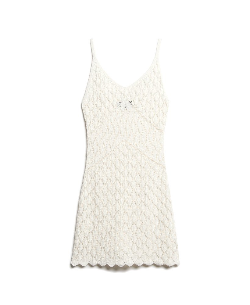 vestido curto de crochê estilo camisola na cor osso do deserto ou off white.