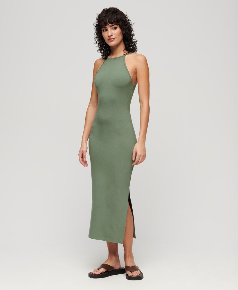 vestido midi de malha com detalhes em renda nas costas na cor cáqui louro.