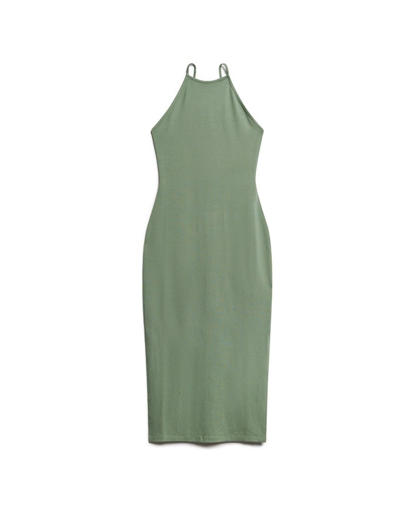 vestido midi de malha com detalhes em renda nas costas na cor cáqui louro.