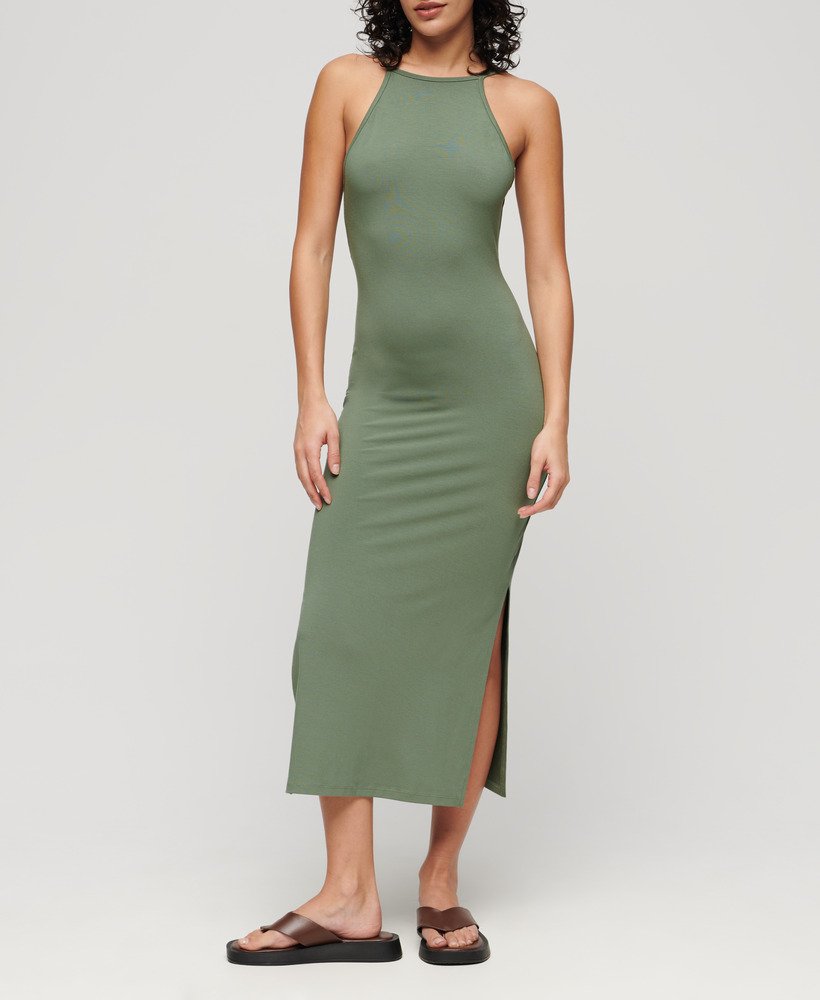 vestido midi de malha com detalhes em renda nas costas na cor cáqui louro.
