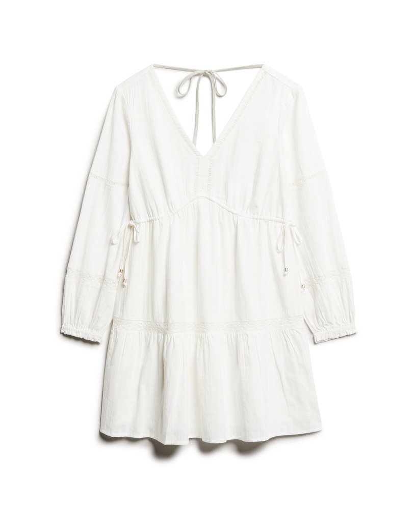 vestido curto ibiza de manga comprida com camadas na cor off white