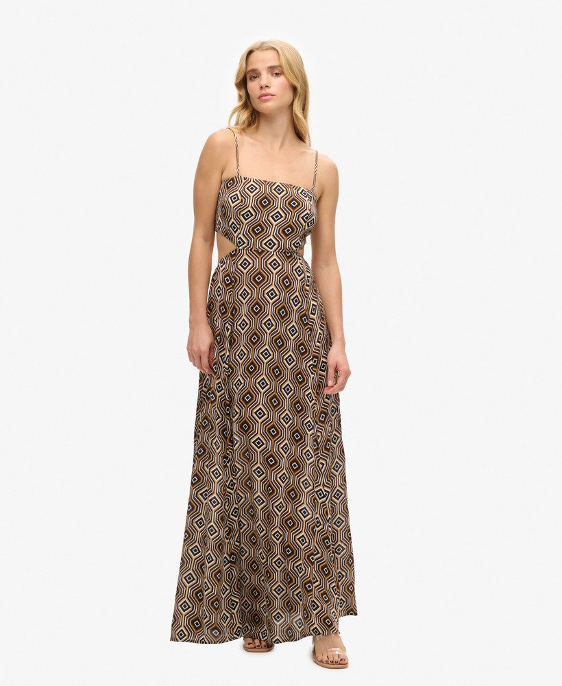 vestido longo com costas transparentes e estampa harriot brown.