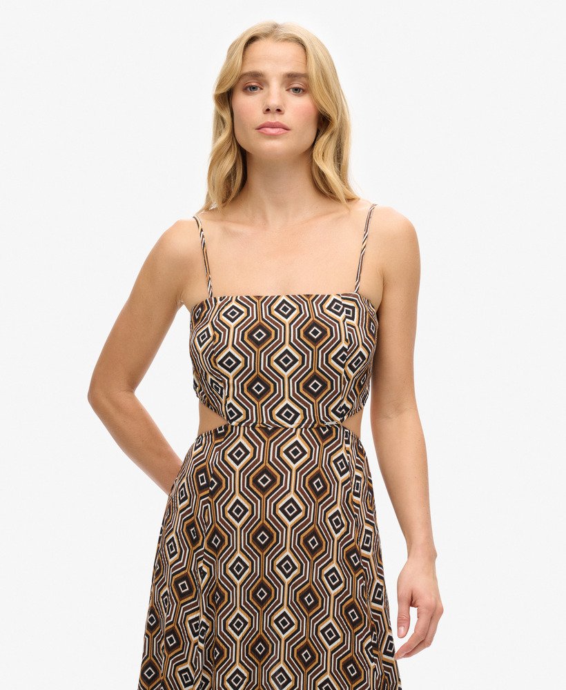 vestido longo com costas transparentes e estampa harriot brown.