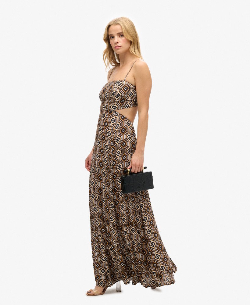 vestido longo com costas transparentes e estampa harriot brown.