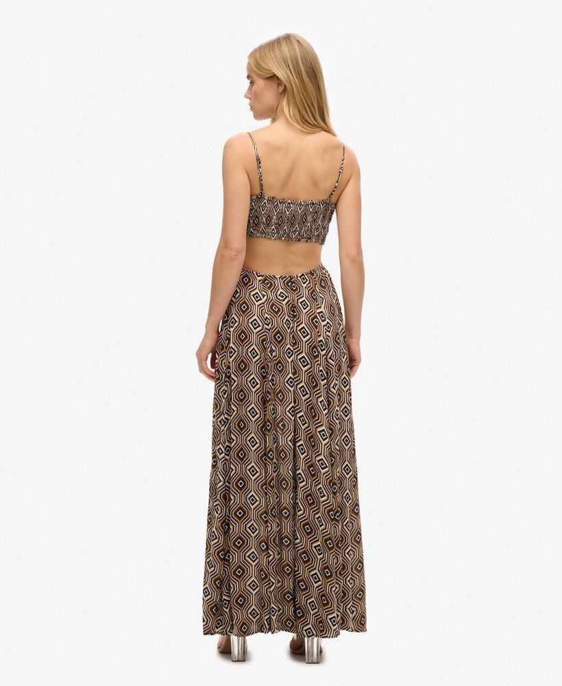 vestido longo com costas transparentes e estampa harriot brown.