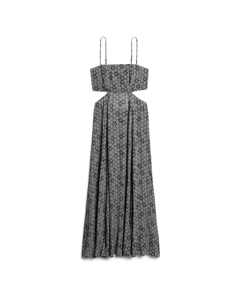 vestido longo com costas transparentes em preto com estampa geométrica dos anos 70.