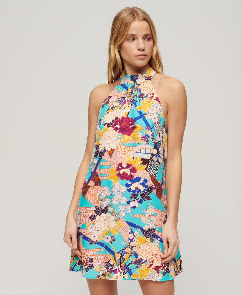 minivestido estampado sem mangas em aqua ni hanadukushi