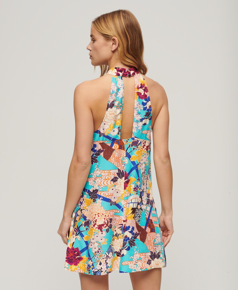 minivestido estampado sem mangas em aqua ni hanadukushi