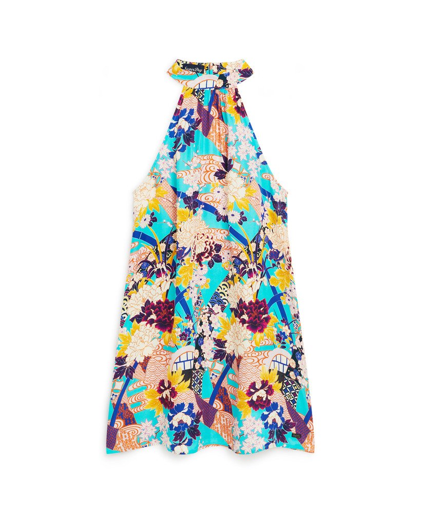 minivestido estampado sem mangas em aqua ni hanadukushi