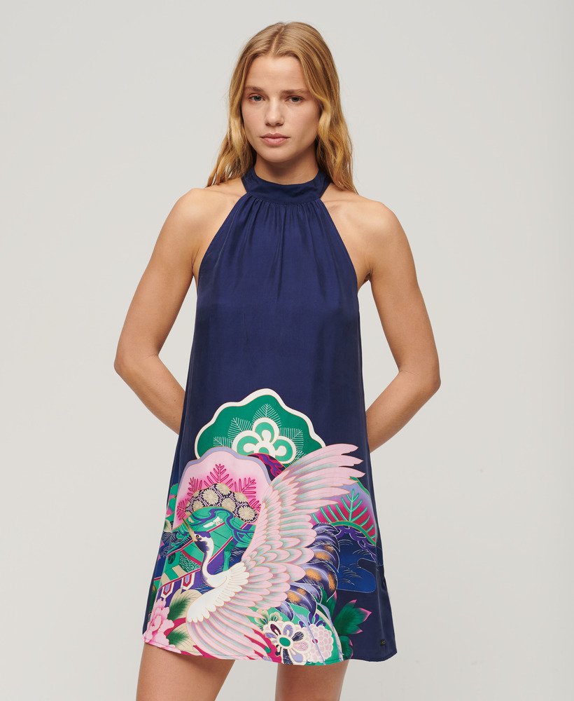 vestido curto estampado sem mangas na cor azul marinho da funetotsuru