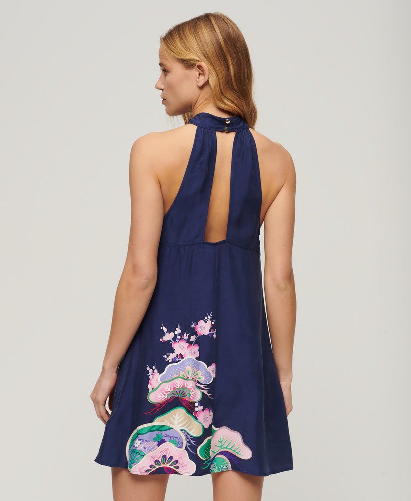 vestido curto estampado sem mangas na cor azul marinho da funetotsuru