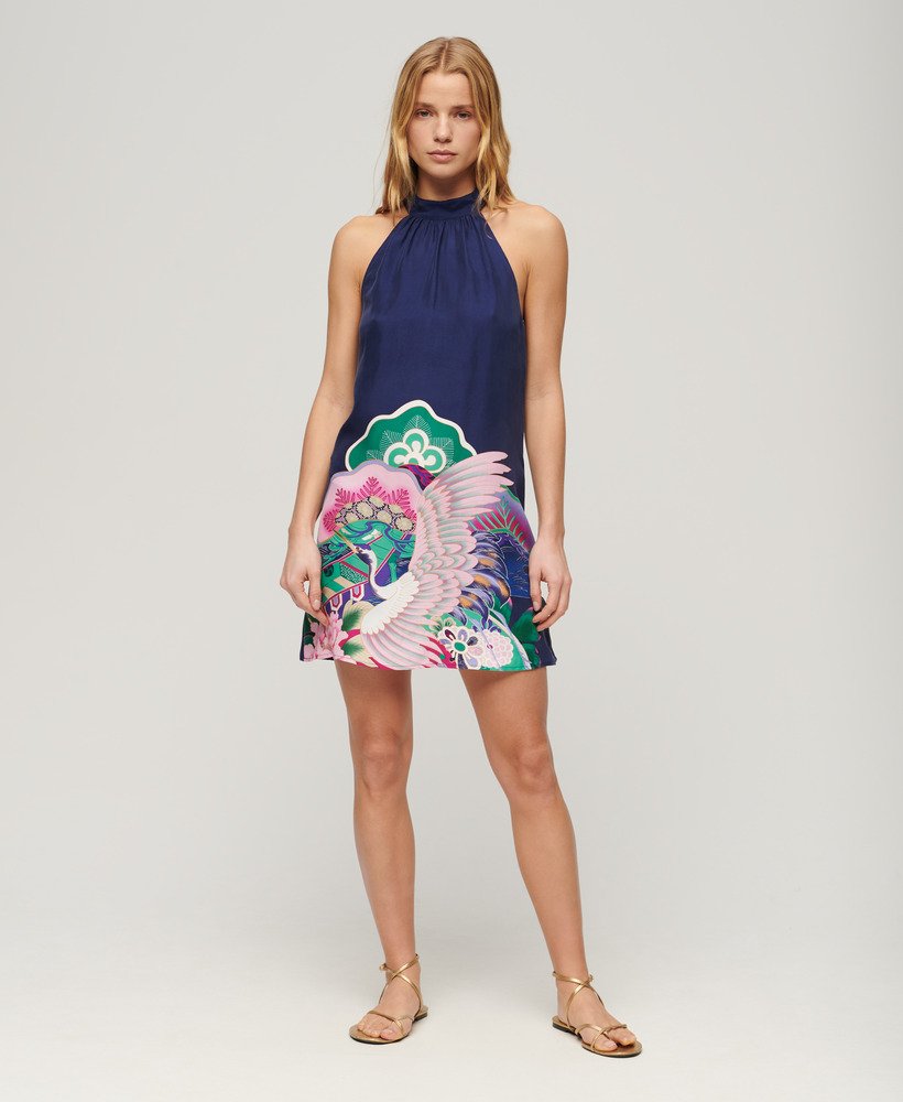 vestido curto estampado sem mangas na cor azul marinho da funetotsuru
