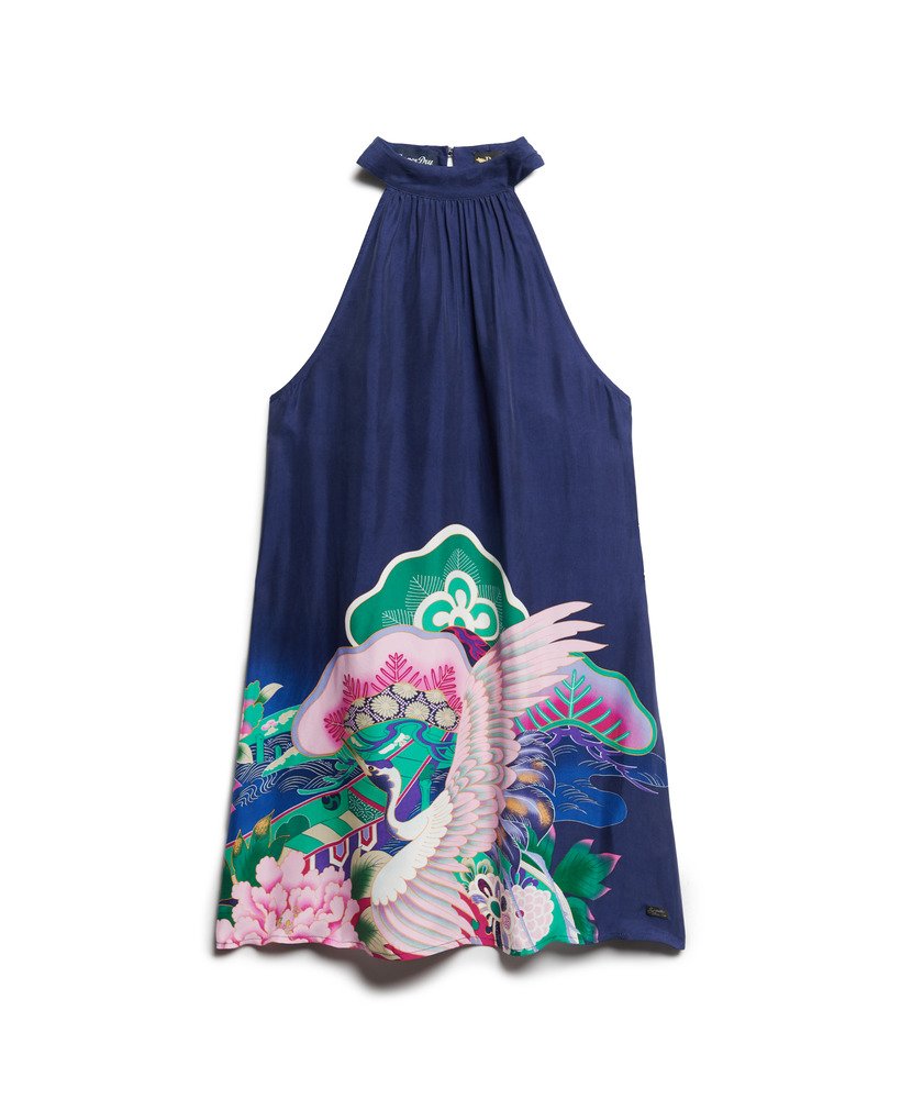 vestido curto estampado sem mangas na cor azul marinho da funetotsuru