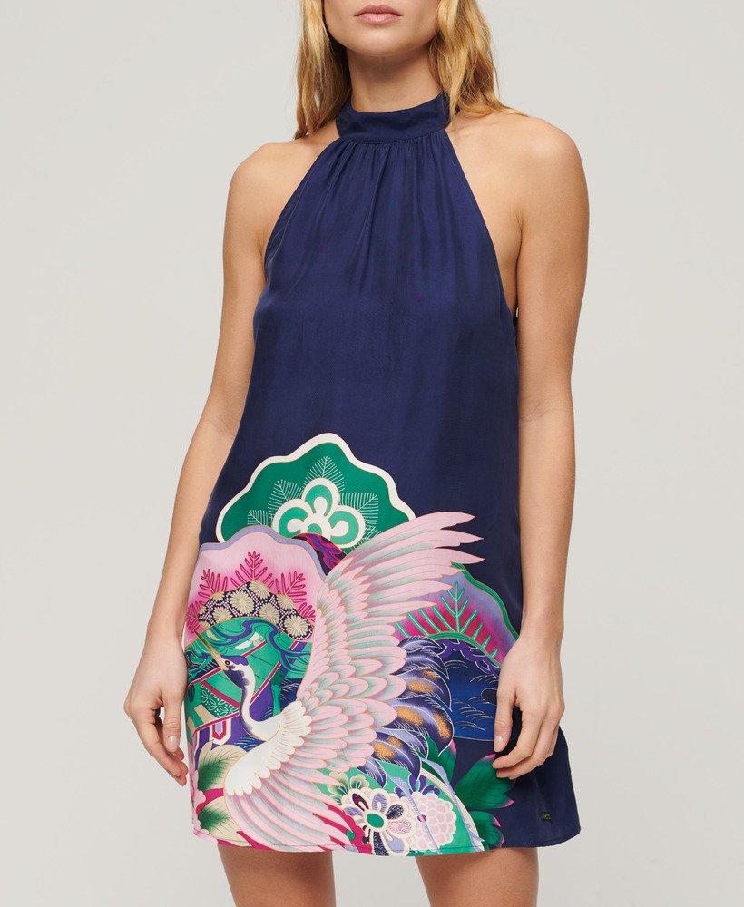 vestido curto estampado sem mangas na cor azul marinho da funetotsuru