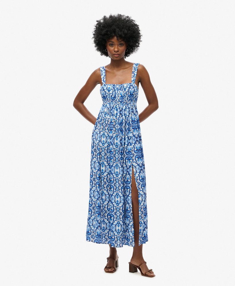 vestido longo com amarração nas costas em estampa de azulejos azul