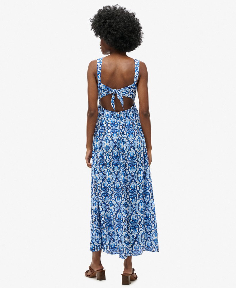 vestido longo com amarração nas costas em estampa de azulejos azul