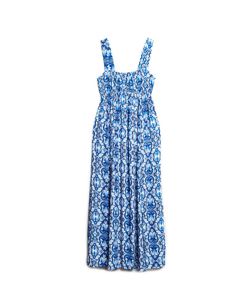 vestido longo com amarração nas costas em estampa de azulejos azul