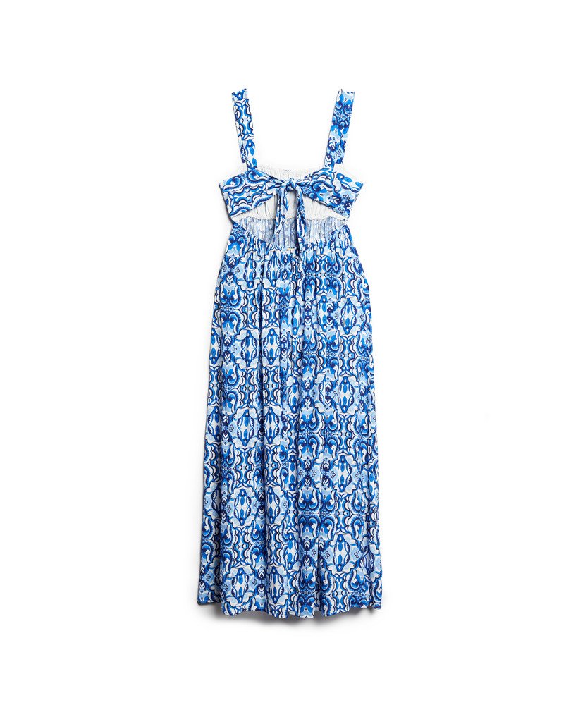vestido longo com amarração nas costas em estampa de azulejos azul