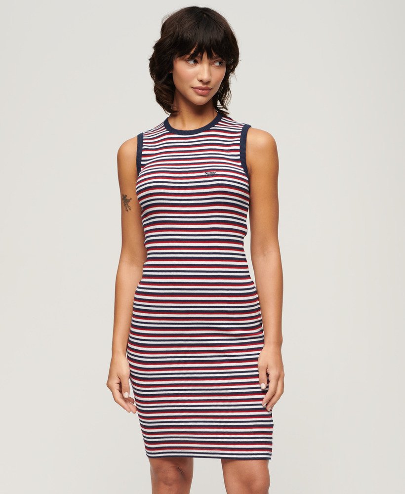 vestido midi canelado justo ao corpo em listras azul-marinho vibrantes.