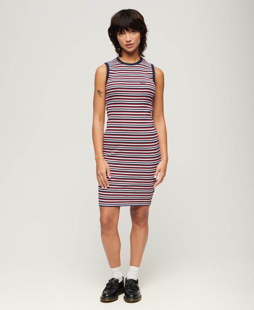 vestido midi canelado justo ao corpo em listras azul-marinho vibrantes.