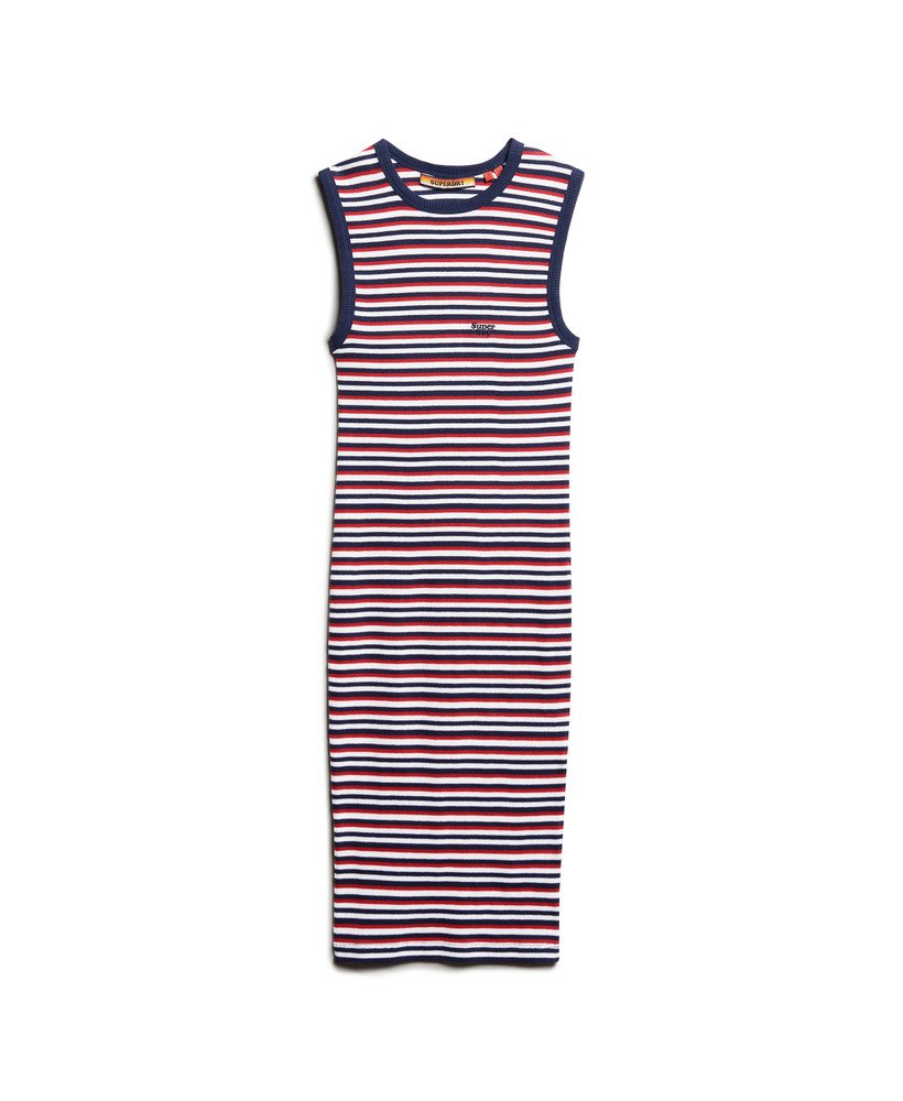 vestido midi canelado justo ao corpo em listras azul-marinho vibrantes.