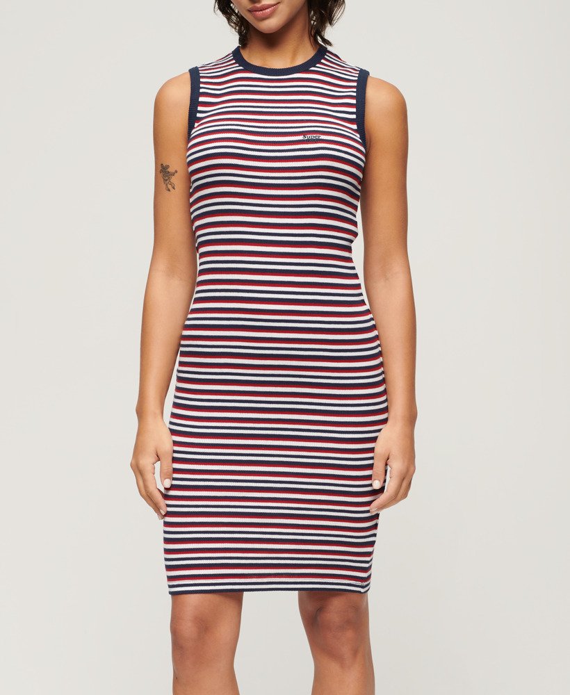 vestido midi canelado justo ao corpo em listras azul-marinho vibrantes.