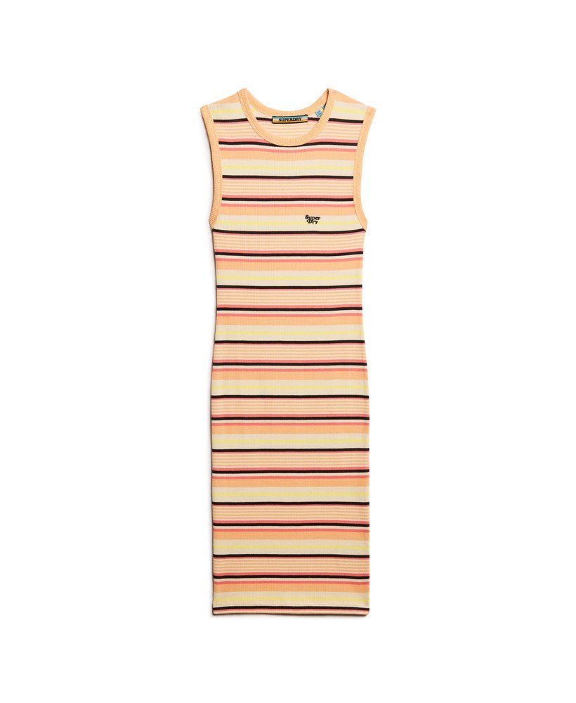 vestido midi canelado justo ao corpo em listras laranja estilo universitário.