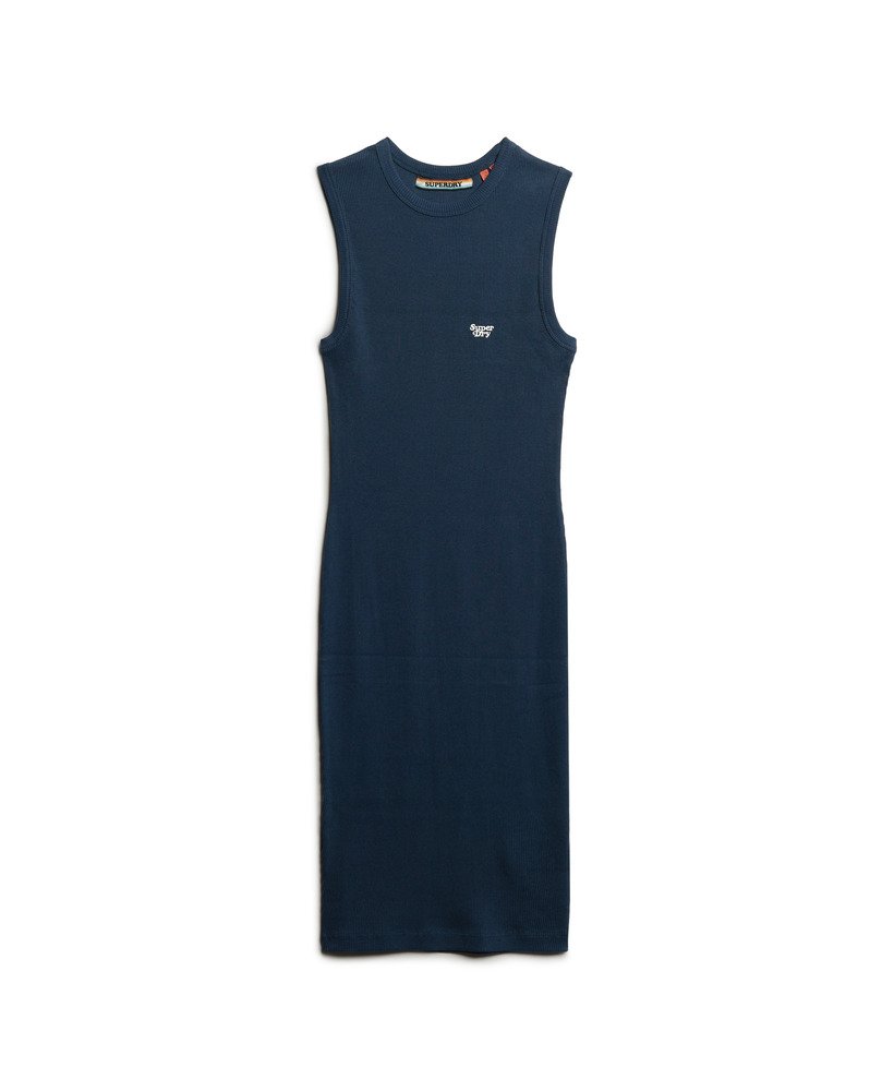 vestido midi canelado justo ao corpo em tom azul marinho intenso.
