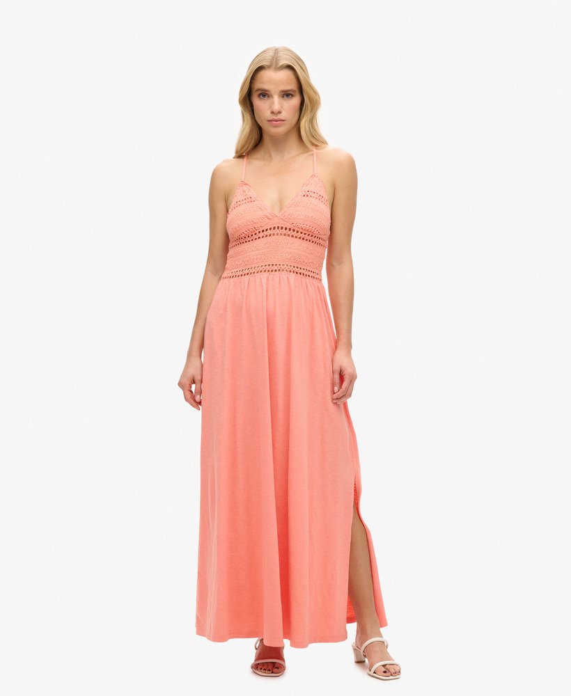 vestido longo de renda jersey na cor coral fusion.