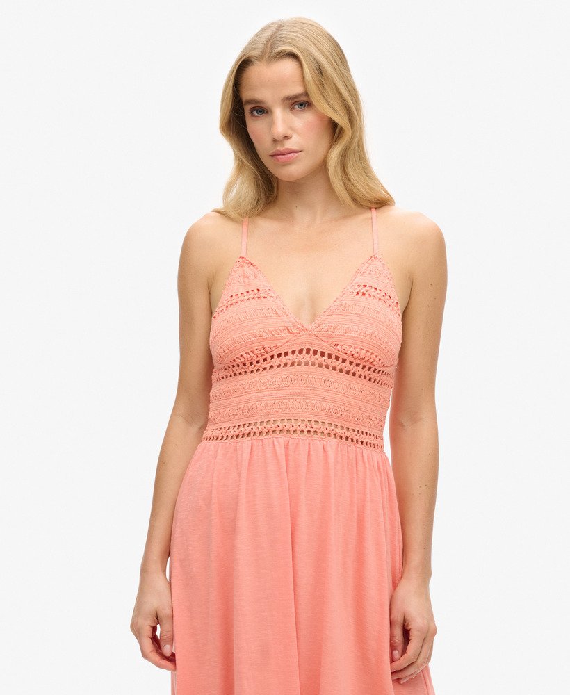 vestido longo de renda jersey na cor coral fusion.
