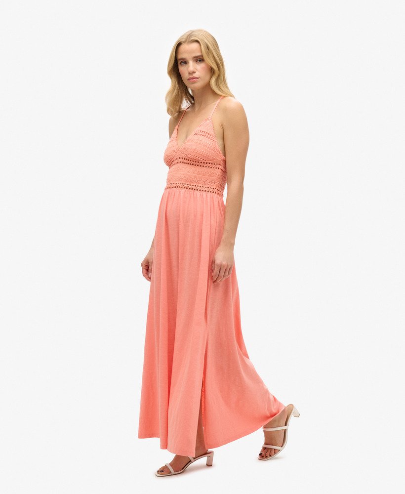 vestido longo de renda jersey na cor coral fusion.
