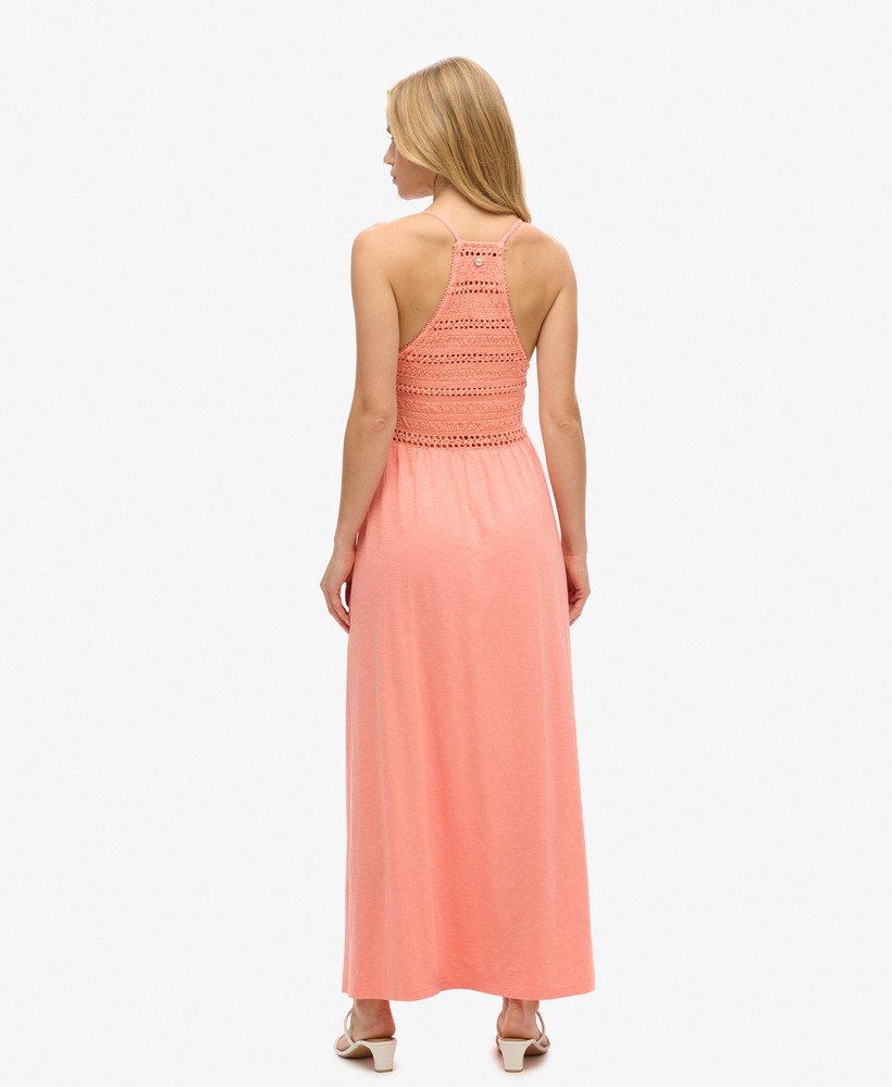 vestido longo de renda jersey na cor coral fusion.