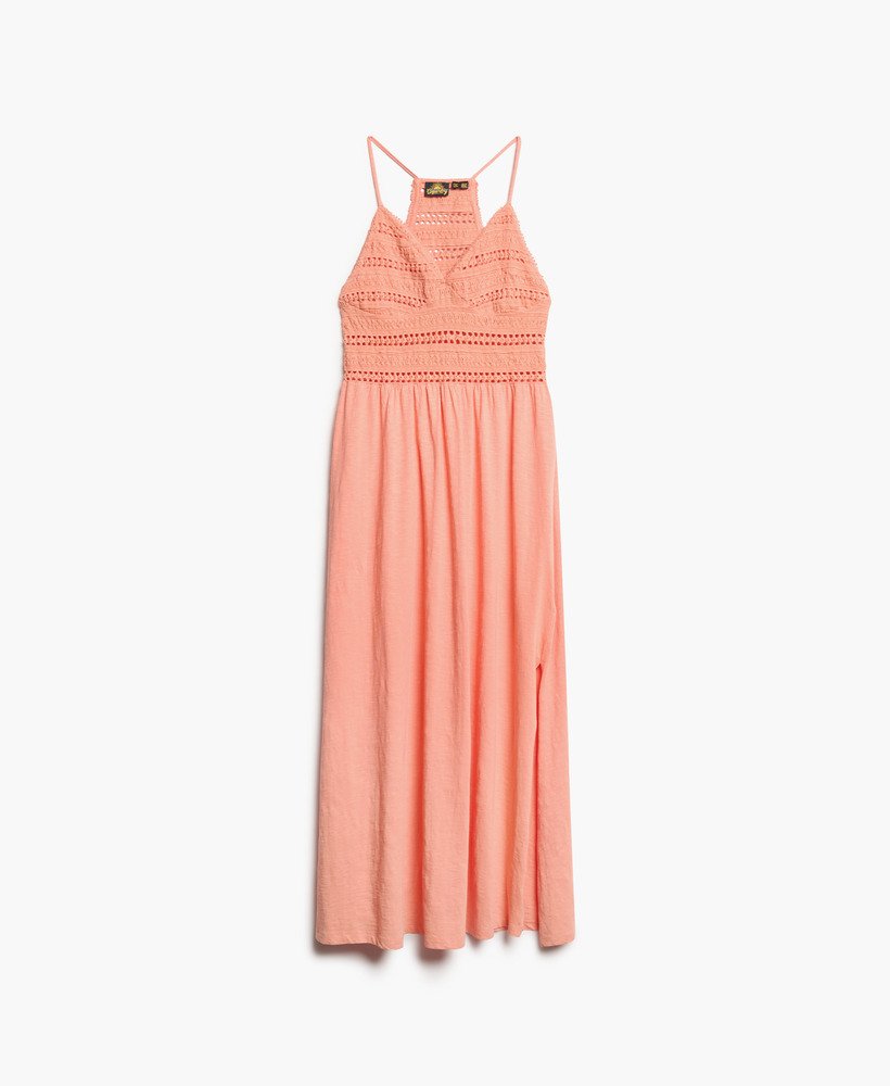vestido longo de renda jersey na cor coral fusion.