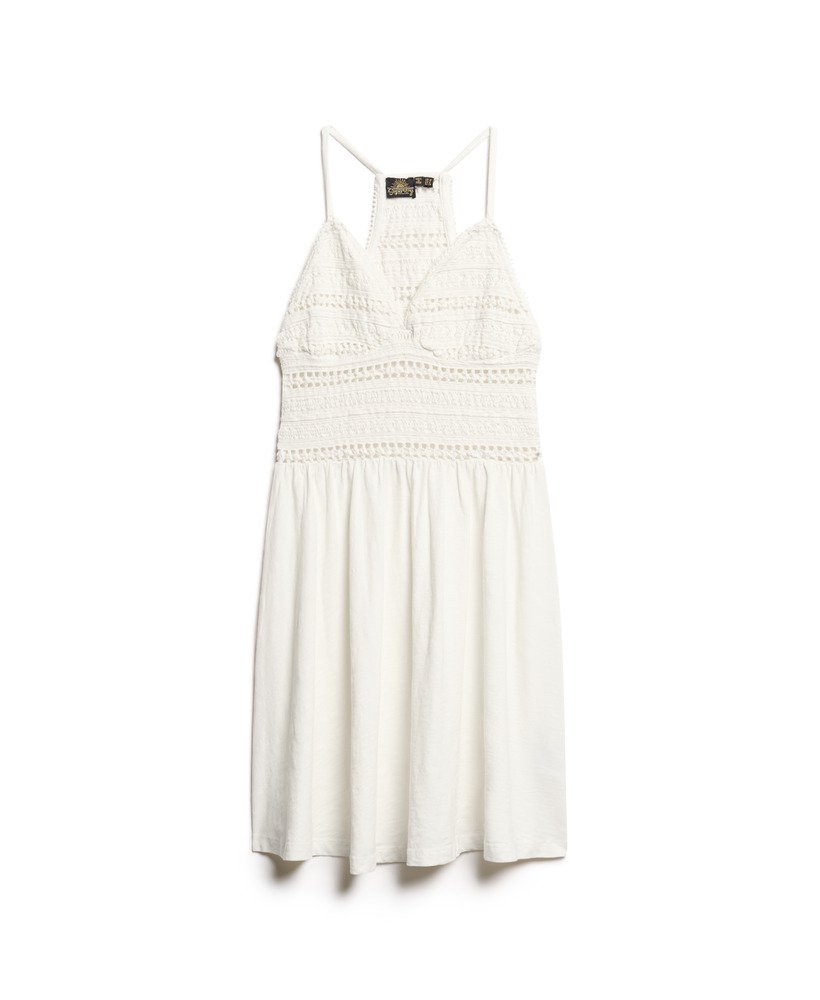 vestido curto de renda jersey na cor branco off-white.
