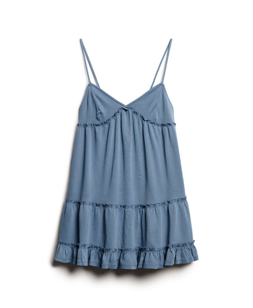 vestido curto de alças finas com camadas em jersey na cor azul marinho.