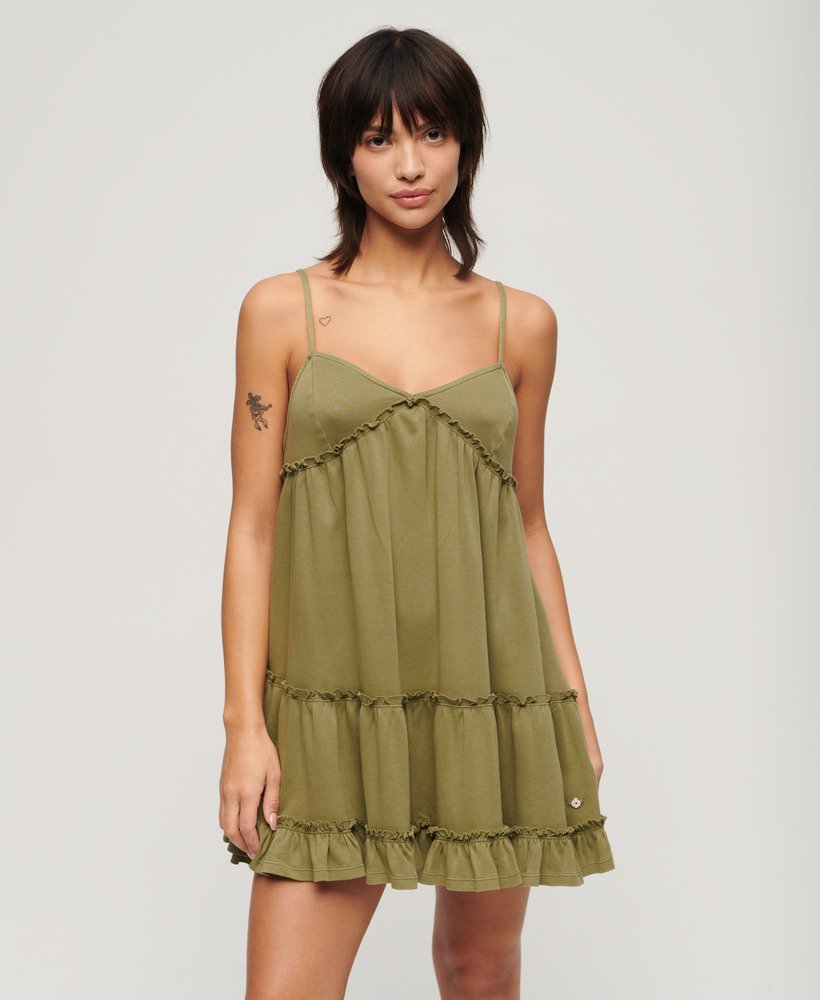 vestido curto de alças finas em malha na cor cáqui oliva