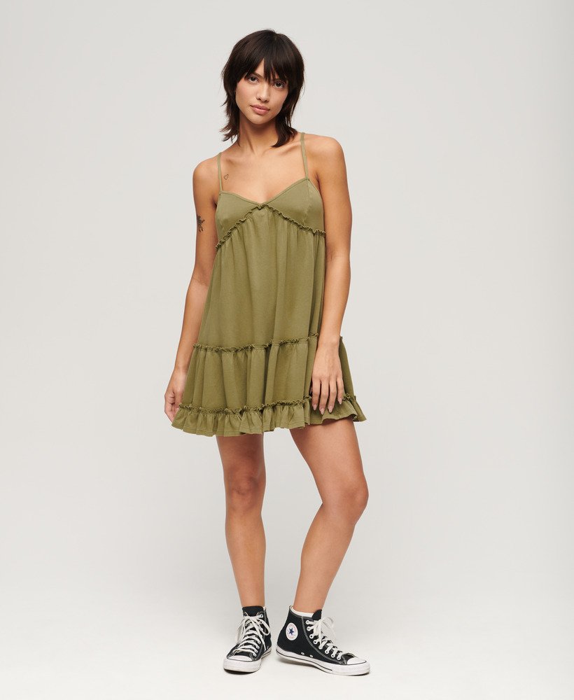 vestido curto de alças finas em malha na cor cáqui oliva